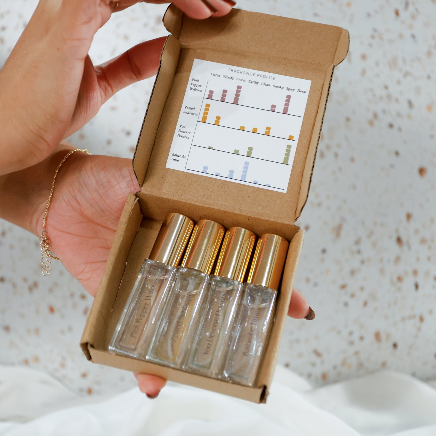 Four small, travel-sized perfume spray bottles, with gold caps in a mini box with an art graph explaining fragrance notes against a terrazzo background.