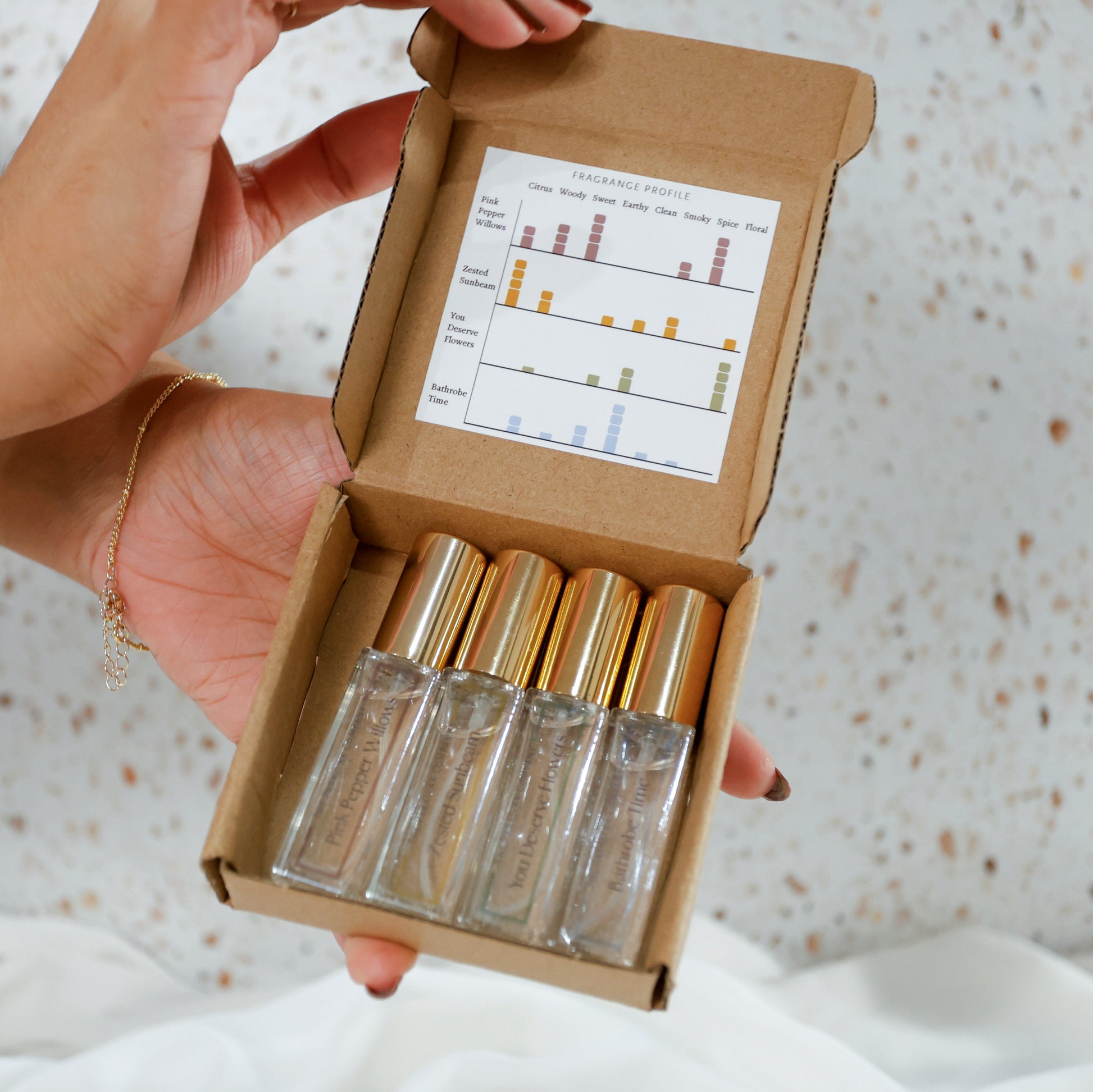 Four small, travel-sized perfume spray bottles, with gold caps in a mini box with an art graph explaining fragrance notes against a terrazzo background.