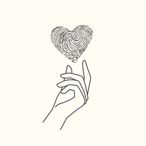 Outline of a hand holding a heart-shaped fingerprint on a white background